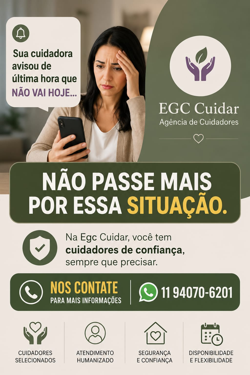 Mulher preocupada com o celular após cuidadora avisar que não vai trabalhar